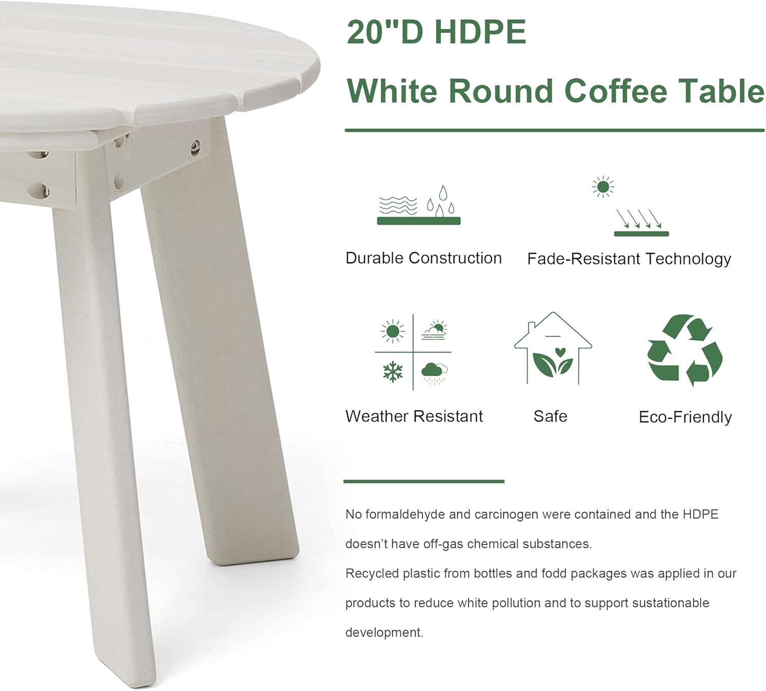 Weather Resistant HDPE Adirondack Round Outdoor Patio Side Table, White