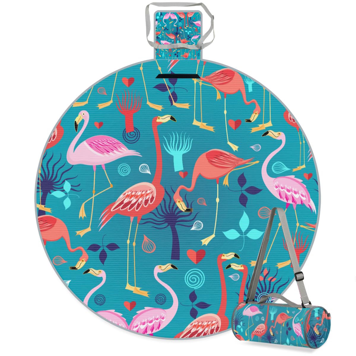 Shimoshe Tropical Animal Flamingo Picnic Outdoor Blanket Foldable Waterproof Sandproof Beach Blanket Portable Water-Resistant Round Picnic Mat for Travel Camping Park Lawn