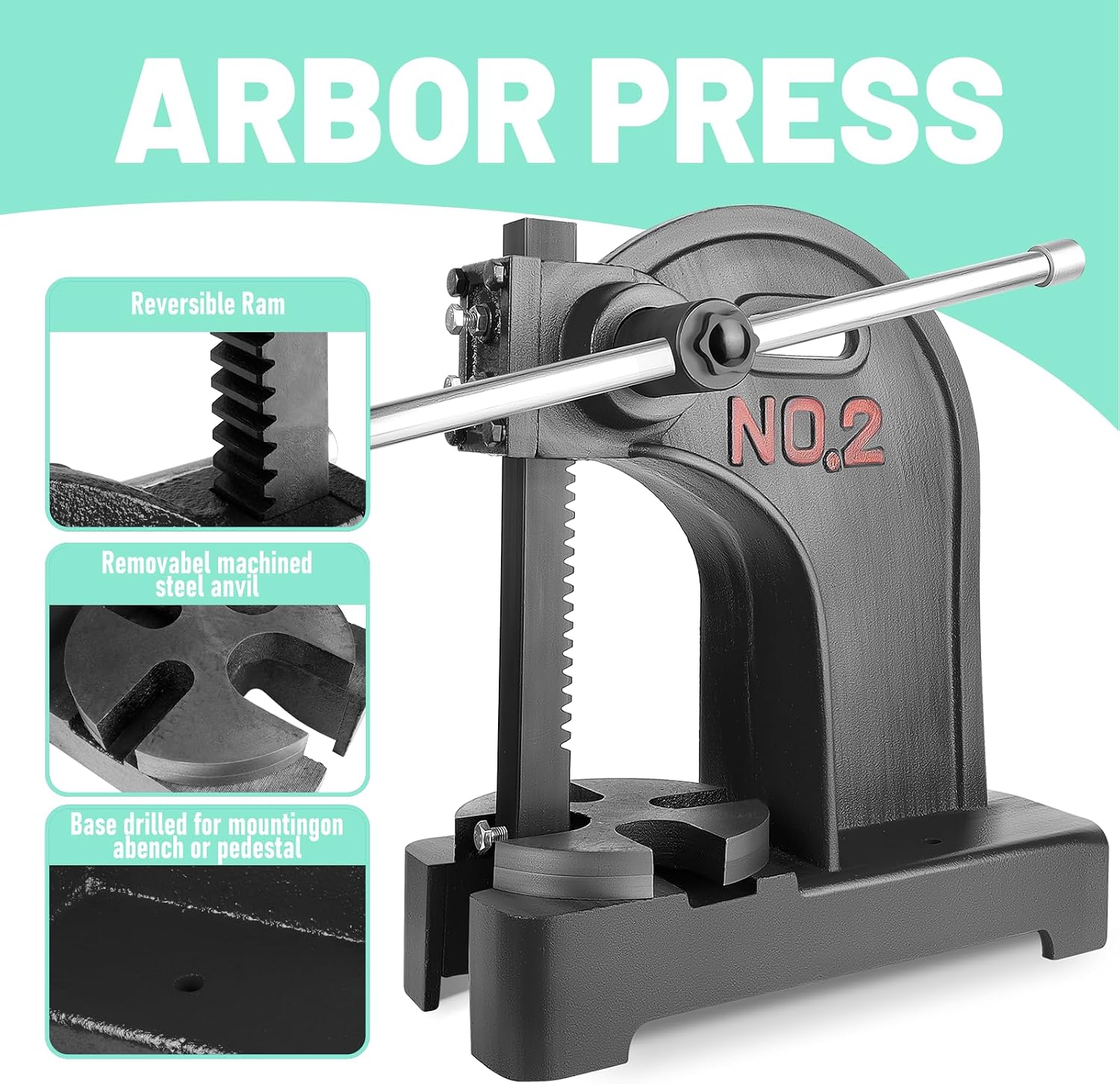 Manual Arbor Press 2 Ton, 17.32"H x 15.35"L Base, Removable Machined Steel Anvil, for Punching/Cutting (2T Black)