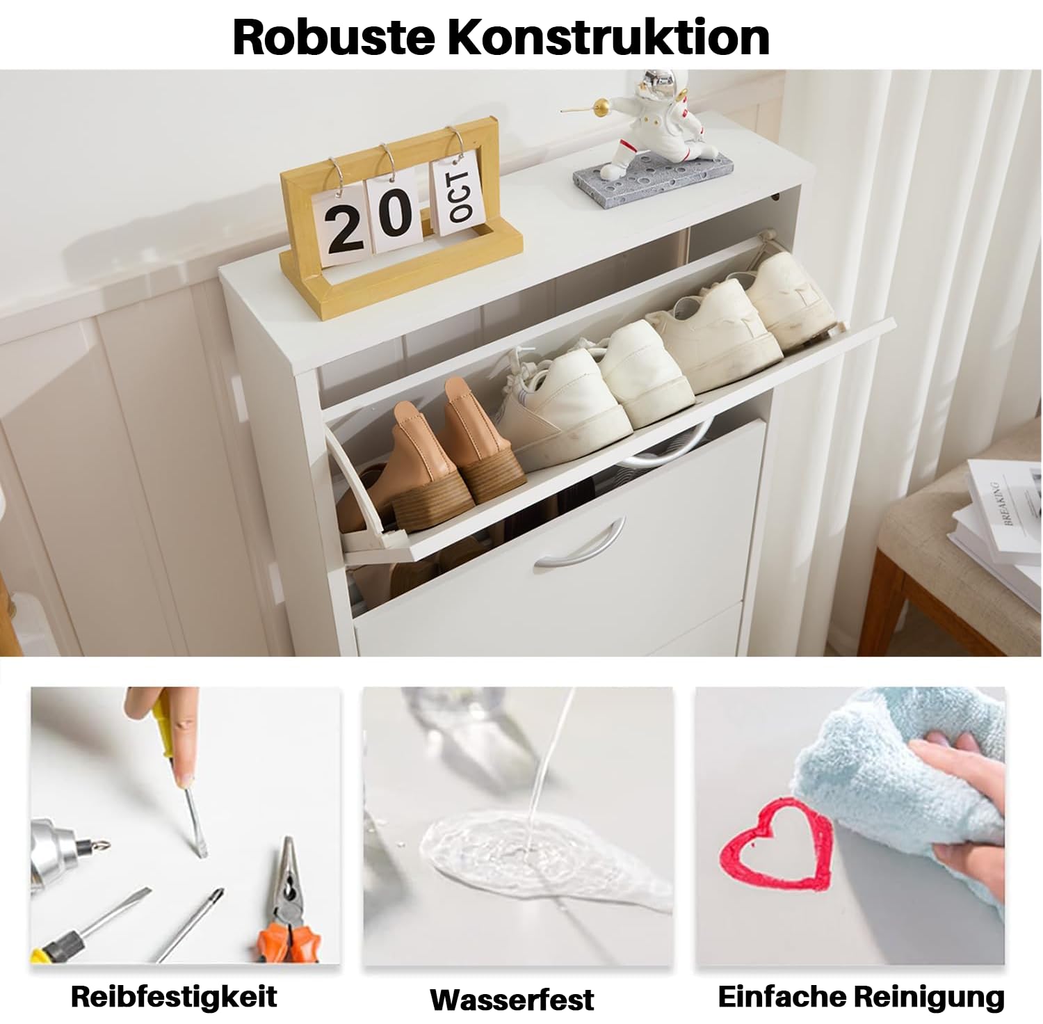 GRAVFORCE Schuhschrank Schmal mit 3 Klappen Schuhkipper 58Bx17Tx105H (Weiß) | Flip Down Schuhregal Holz Flurschrank platzsparend für Eingangsbereich, Wohnung, shoe cabinet ideal für schmale Flure