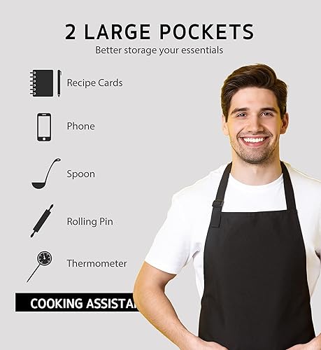 Miniatura 6 de Delantal con pechera ajustable, paquete de 12 delantales unisex para hombre, delantales negros con bolsillos
