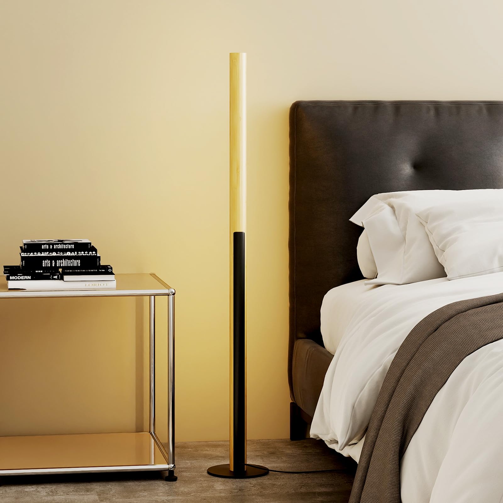 COSTWAY 122cm LED Stehlampe Bambus, Standlampe mit Fußschalter & 3 Farbtemperaturen von 3000K-6000K, dimmbare Leselampe minimalistisch für Wohnzimmer, Schlafzimmer & Büro