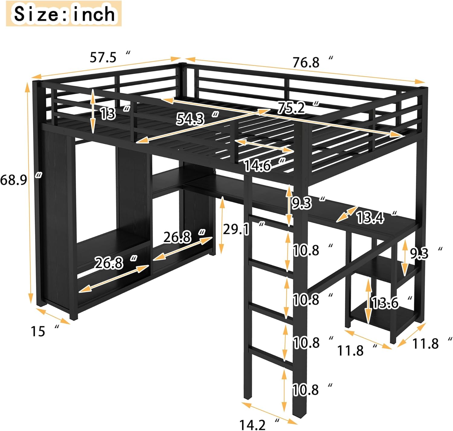 Incomplete *Bellemave Full Size Loft Bed with Desk, Wardrobe, Metal Full Loft Bed Frame for Adults, Kids, Teens, Black Black With Wardrobe Full