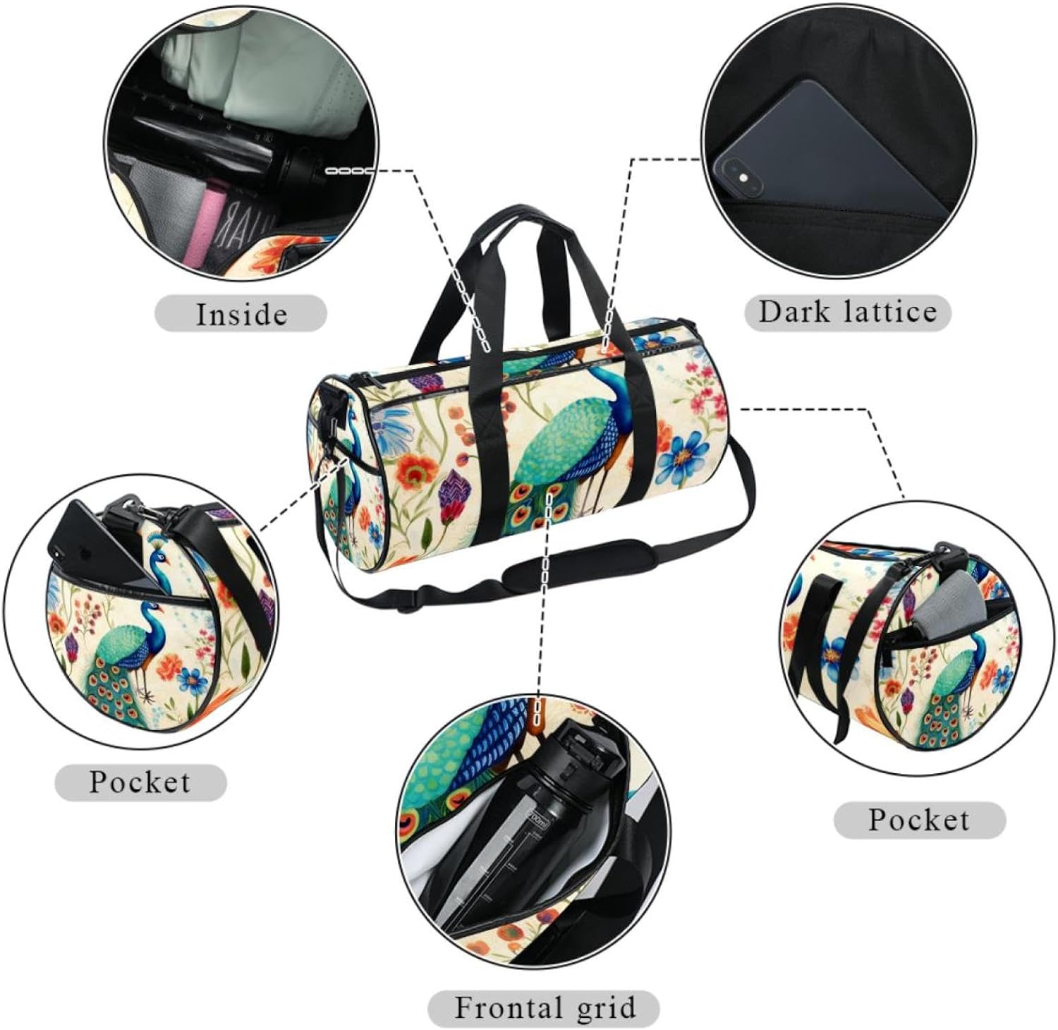 Gym Bags for Women,Duffle Bag for Travel,Floral Peacock,Gym Bag for Men