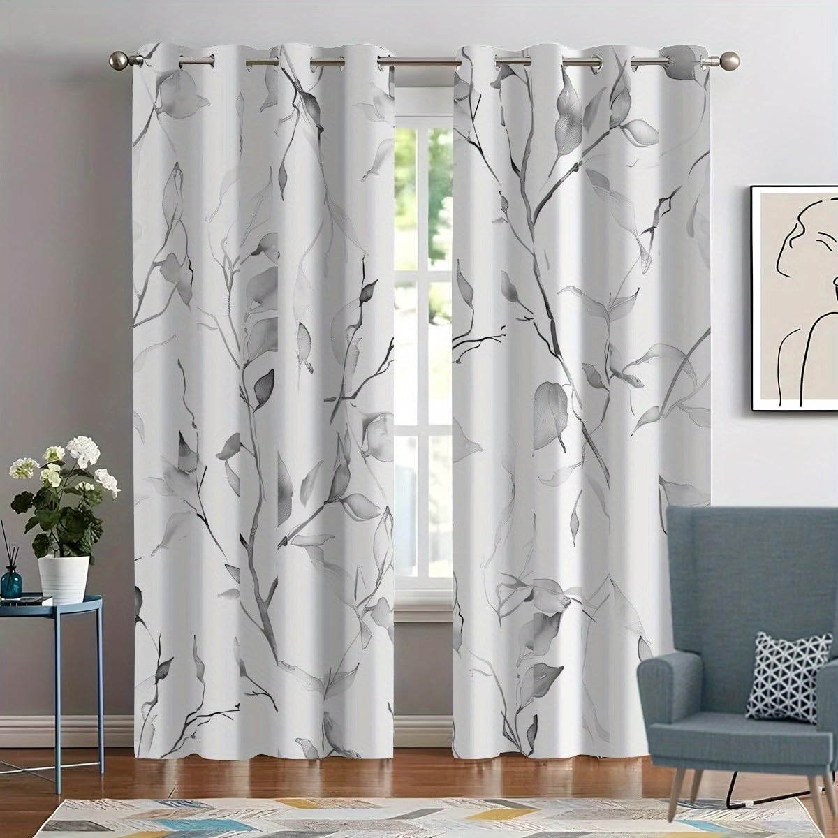 Lot de 2 Rideaux Branches Encre Nouveau Style Chinois 280L X 280H Cm Rideau Occultant Thermiques Isolant Anti, Applicable à Rideaux Chambre Et Salon, Rideau Cuisine, Plantes Noir & Blanc-AB12