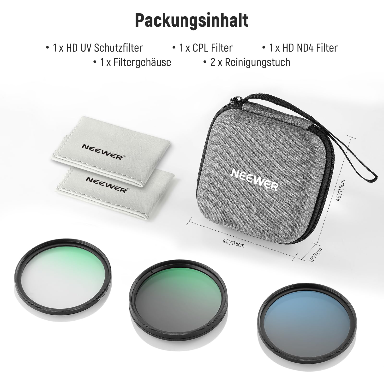 NEEWER 67mm ND Objektiv Filter Set mit Aufbewahrungsetui, Reinigungstuch, UV CPL ND4 Mehrfachvergütetes Optikglas, Rahmen aus Aluminiumlegierung zirkularer Polfilter Graufilter Kit für Kameraobjektive