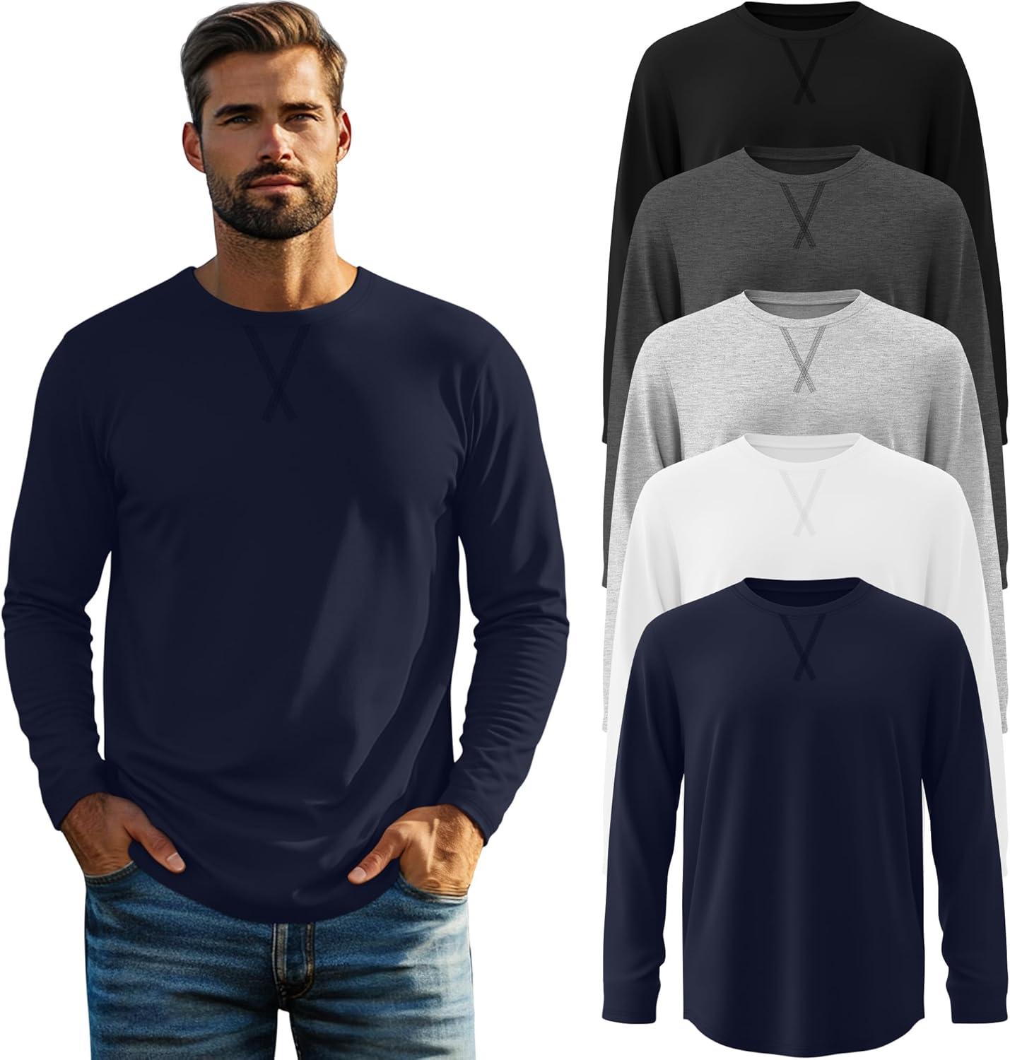 5 Pack Men's Big and Tall Long Sleeve Shirts Crewneck Tops L-7xl Hipster Hip Hop Longline T-Shirts Multipack