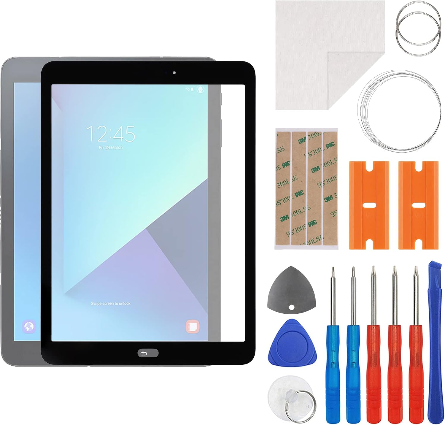 Front Screen Glass Outer Panel Lens Replacement +OCA Compatible with Samsung Galaxy Tab S3 9.7 SM-T820,SM-T825 (No LCD Screen and Touch Digitizer) with Repair Kit