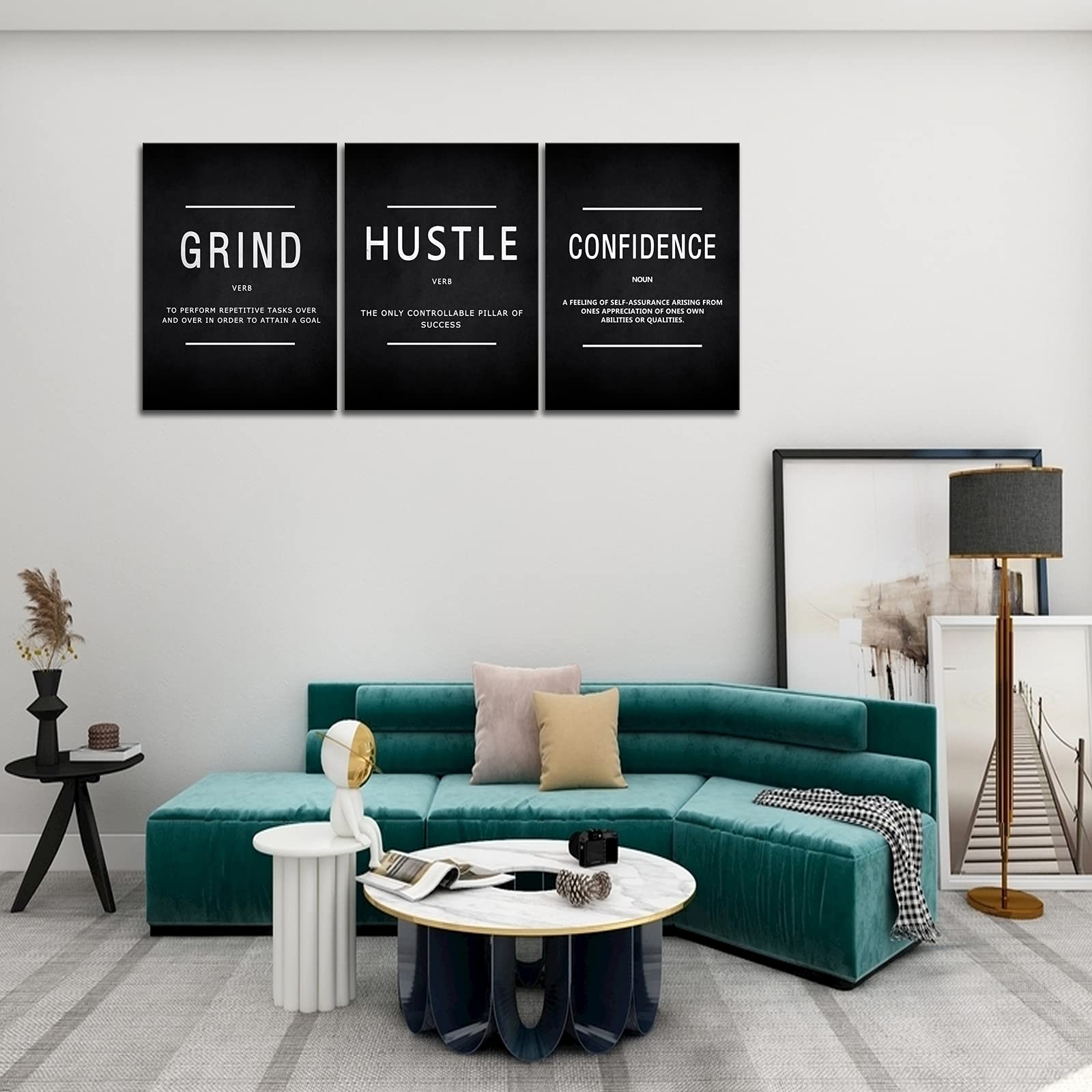 KAWAHONE Stampa artistica da parete motivazionale su tela, con scritta "Grind" Hustle Confidence, decorazione da parete incorniciata con citazioni motivazionali, per ufficio, posto di lavoro, pronta