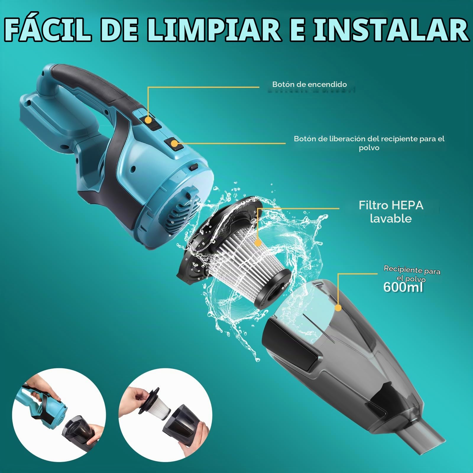 Aspiradora de mano inalámbrica para batería Makita de 18V, Mini aspiradora portátil y liviano uso en seco y húmedo, Aspirador pequeño con 3 boquillas y caja para el polvo, para el hogar y el automóvil