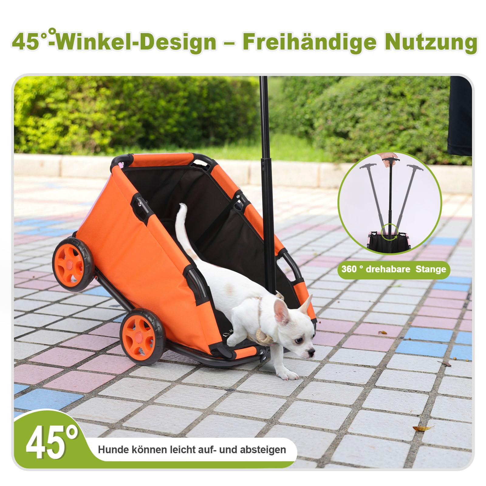Passeggino per mini animali domestici, carrello della spesa pieghevole multifunzionale con maniglia estensibile, cuscino integrato e corda di sicurezza con borsa (arancione)