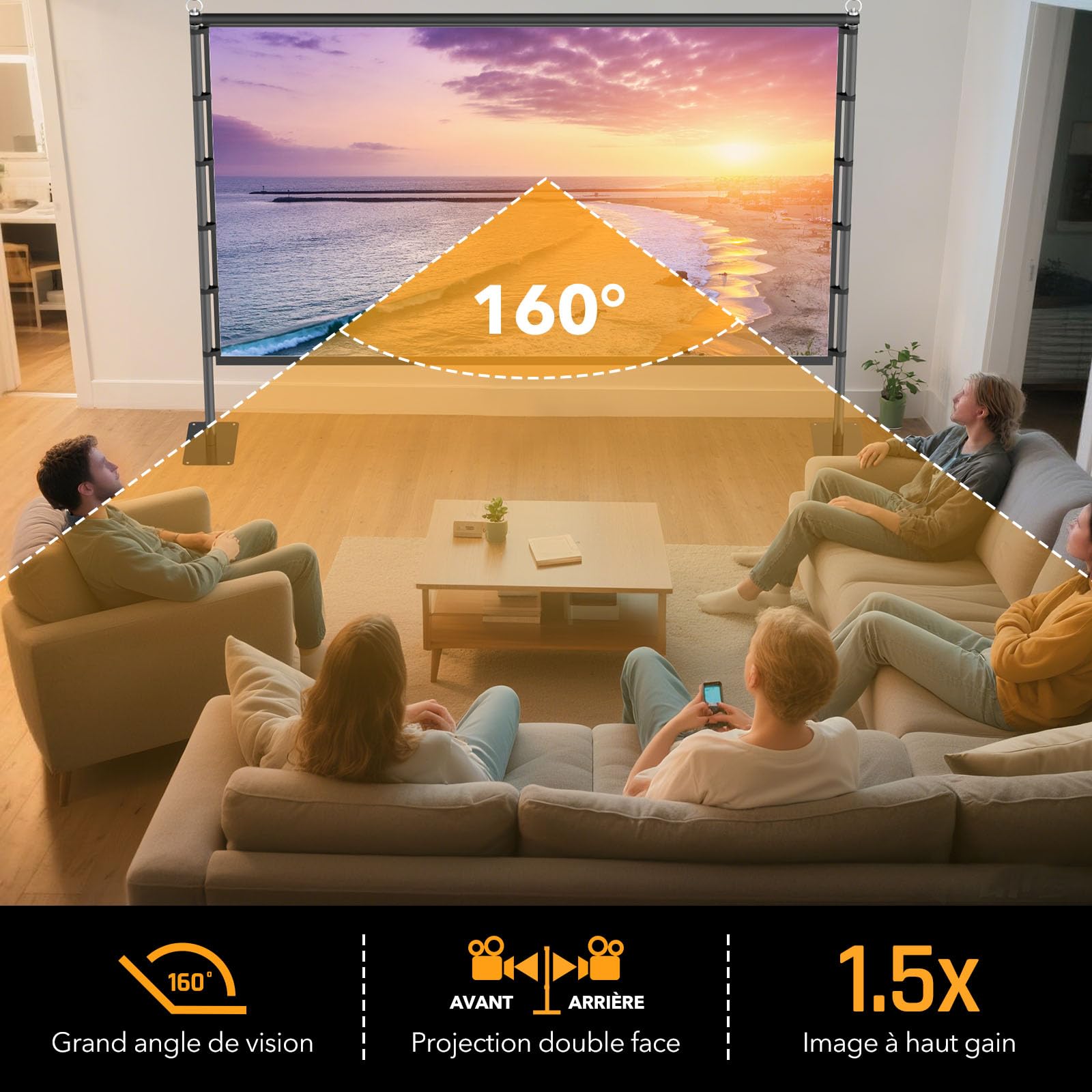 Écran de Projection Extérieur sur Pied LEORFI 120 Pouces Portable - Support Renforcé, Toile HD 4K 16:9 sans Plis - Projection Avant/Arrière - Sac de Transport Inclus pour Cinéma Maison Jardin