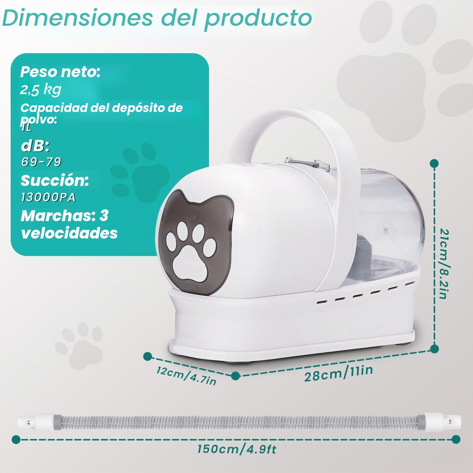Cortapelo para perros con aspirador, 13000 PA con 7 herramientas de mantenimiento, cortapelo para patas, cepillo, peine, 3 niveles de aspiración ajustables