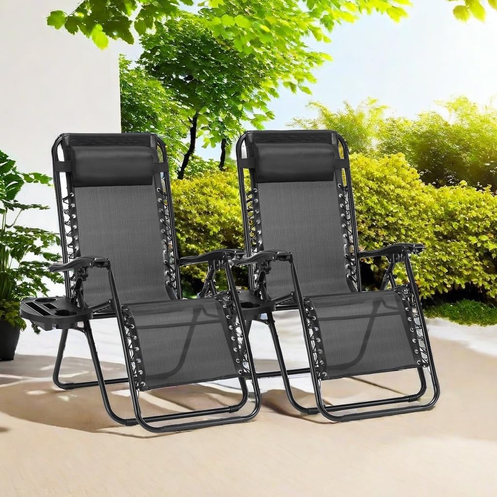 Zero Gravity Lounge Chair Set of 2, Adjustable Folding Mesh Outdoor Reclining Camping Chair w/Pillow & Cup Holder Trays for Lawn Patio Pool Beach, Black/2-Pack