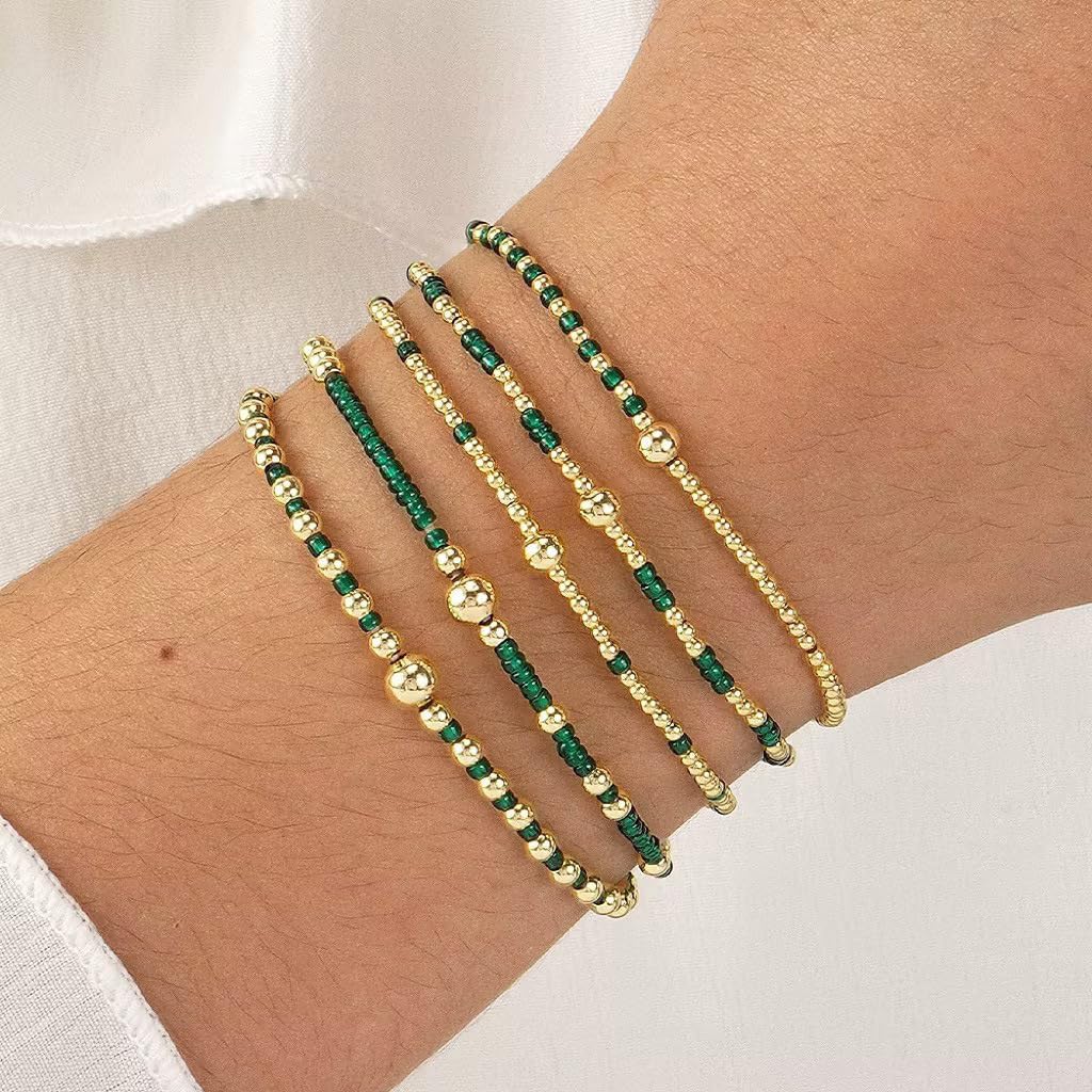 Fuqimanman2020 Gold Beaded Stackable Bracelets Set 5PCS Handmade Boho Stretch Multilayer Jewelry for Women Bohemia Summer Beach Vacation Accessories Jewelry Gift image 2