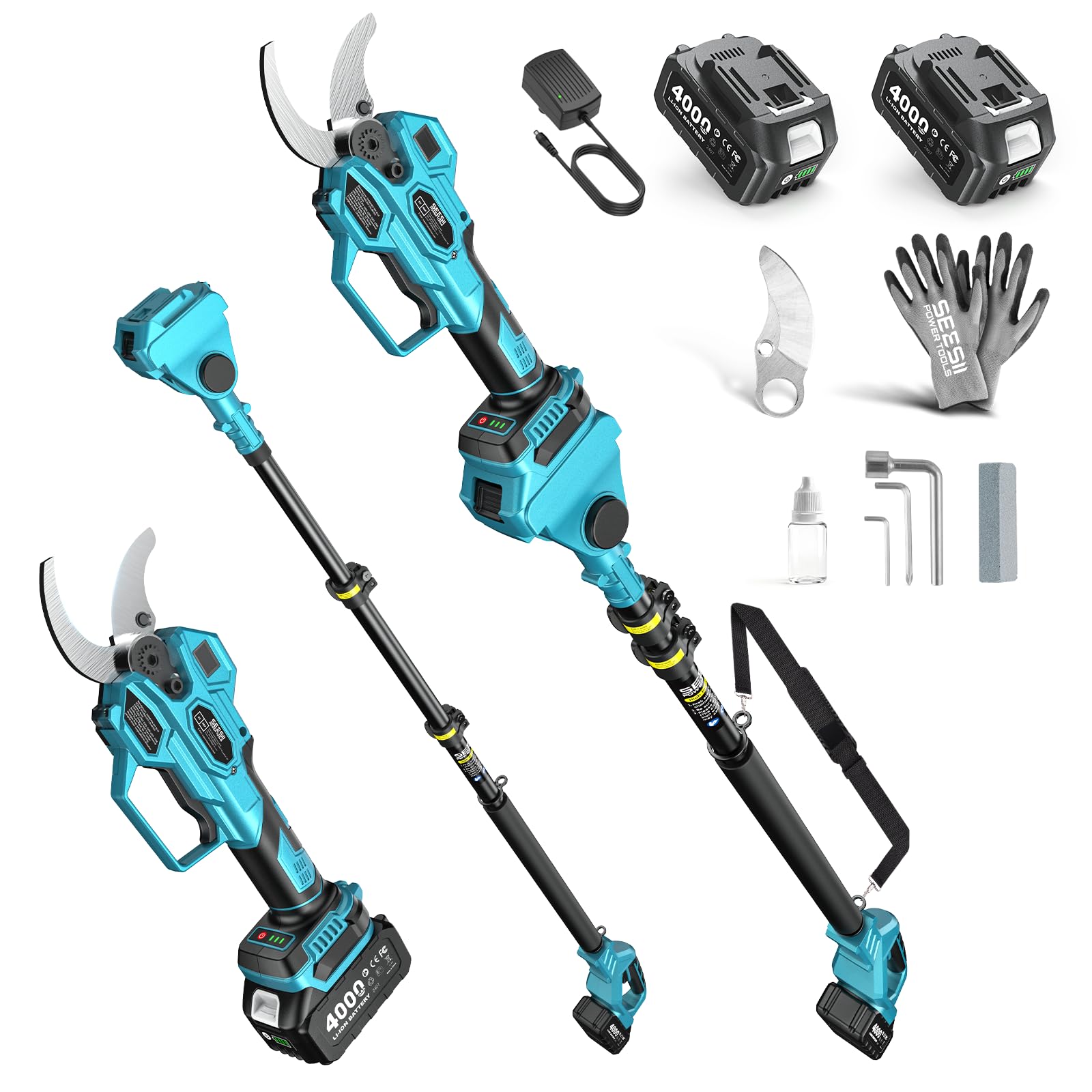 SEESII 2-in-1-Akku-Astschere mit Teleskopstiel: Elektrische Astschere mit 40mm Schnittdurchmesser –bürstenloser Motor, 2*4.0Ah-Akkus, zusätzliche SK5-Klinge, 4 einstellbare Modi für Bäume und Blumen.
