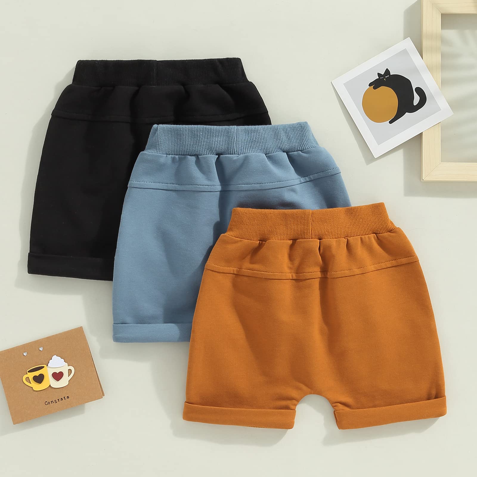 3pcs/Sets Toddler Boys Short Trousers Casual Solid Color Baby Kids Shorts Boys Summer Drawstring Pants Clothes (A-Blue Brown Black, 12-18 Months)