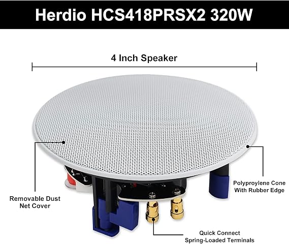Herdio 320 Watts 2 Way Flush Mount in Ceiling Speakers 4 Inches for Kitchen,Living Room,Office 4 Speakers