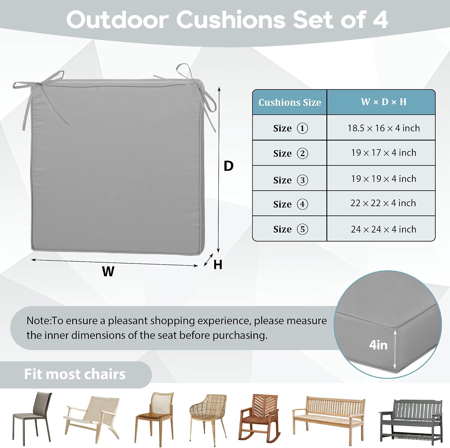 19x17 inch Outdoor Chair Cushions Set of 4,Light Gray Patio Chair Cushion with Handle and Ties,Water-Resistant High Density Foam Outdoor Seat Cushion with Removable Cover,4" Thick