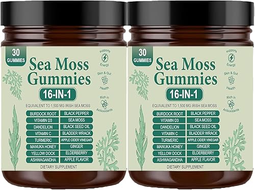 Gomitas de musgo marino 16 en 1  Gomitas de musgo marino para mujeres y hombres con aceite de semilla negra, raíz de bardana, vejiga, miel de manuka