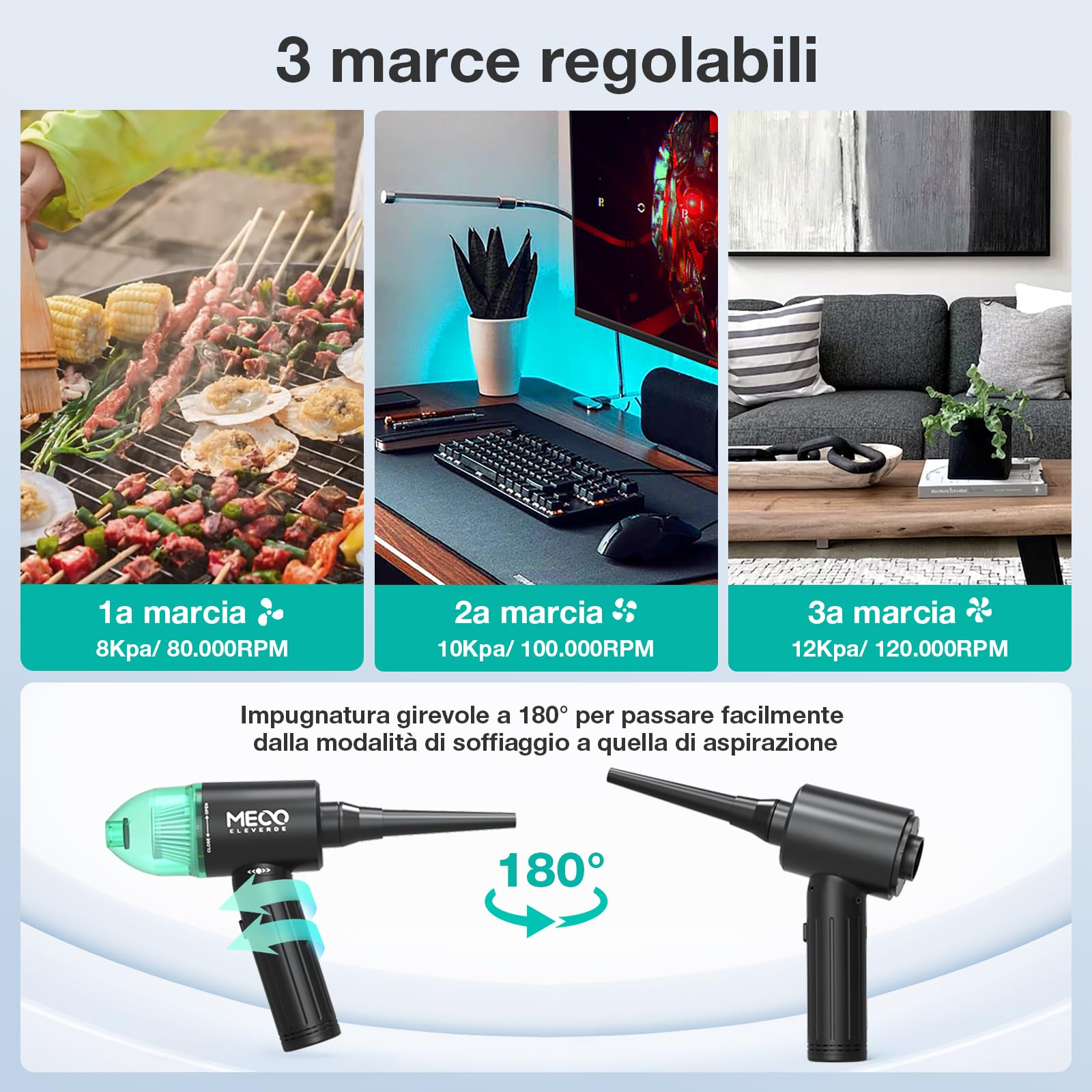 MECO 4 en 1 Elettrico Rimuovi Polvere Senza Fili & Aspirapolvere,Più Forte 3 Velocità 90000RPM/12000PA,2 Ore Ricarica Rapida di Tipo C,Aria Compressa per PC,Tastiera, Ufficio, Auto, Pulizia Della Casa