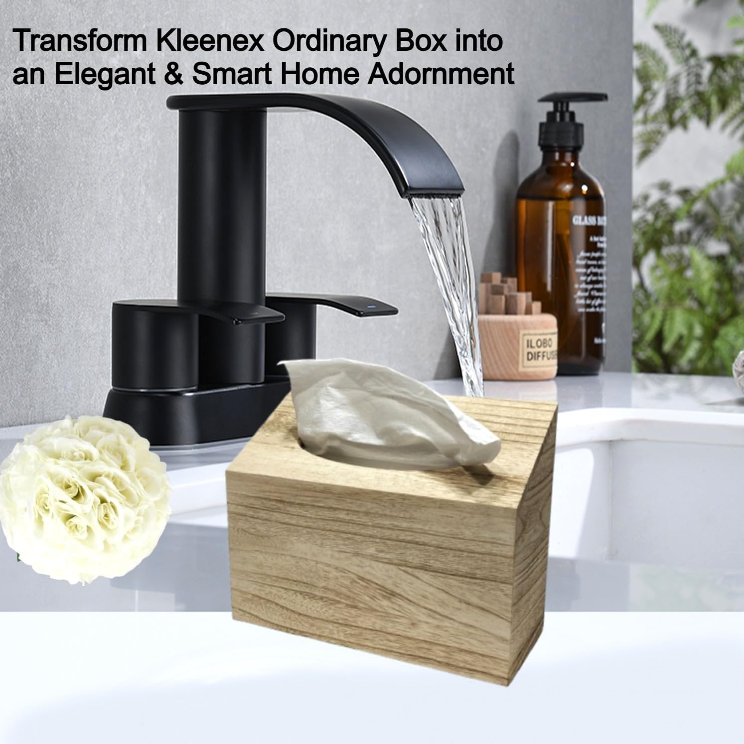 Kleenex Hand Towel Box Cover for Countertop or Tool Free Wall Mount - No Holes, Drills, or Screws Required - Natural Pale Paulownia Wood with Distinctly Palpable Wood Grain