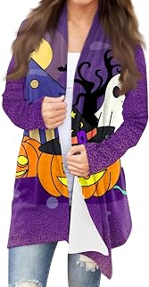 Tsamuo Medium Length Halloween Cardigan for Women Pumpkin Bat Print Cardigans Long Sleeve Open Front Outwear Coat