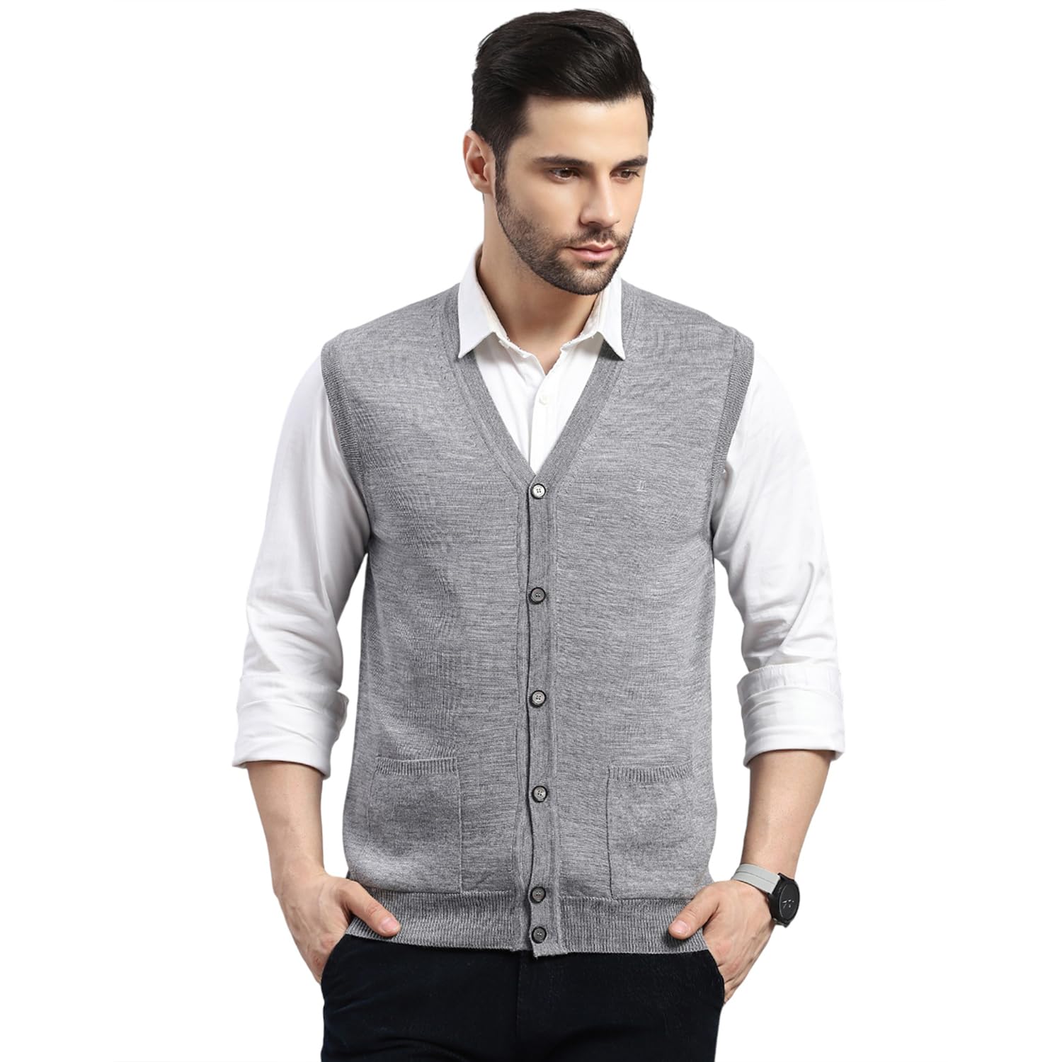 Men's Regular Fit Solid Pattern V Neck Button Closure Sleeveless Winter Cardigan | Warm Woolen Sweater for Men | Stylish Full Sleeve Knitted Cardigan | Comfortable Winter Wear (Pack of 1)