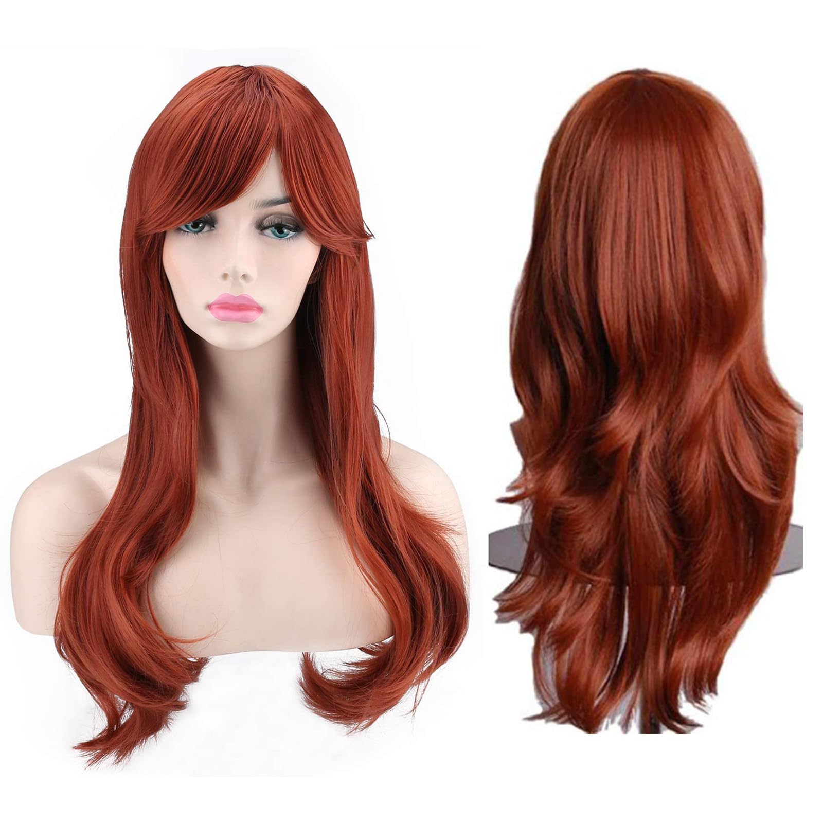 DAVBNM Wigs for Women Women's Cosplay Wig, Long Wavy Curly Wigs, with Bangs, for Auburn Cosplay Masquerade Halloween (Copper red)