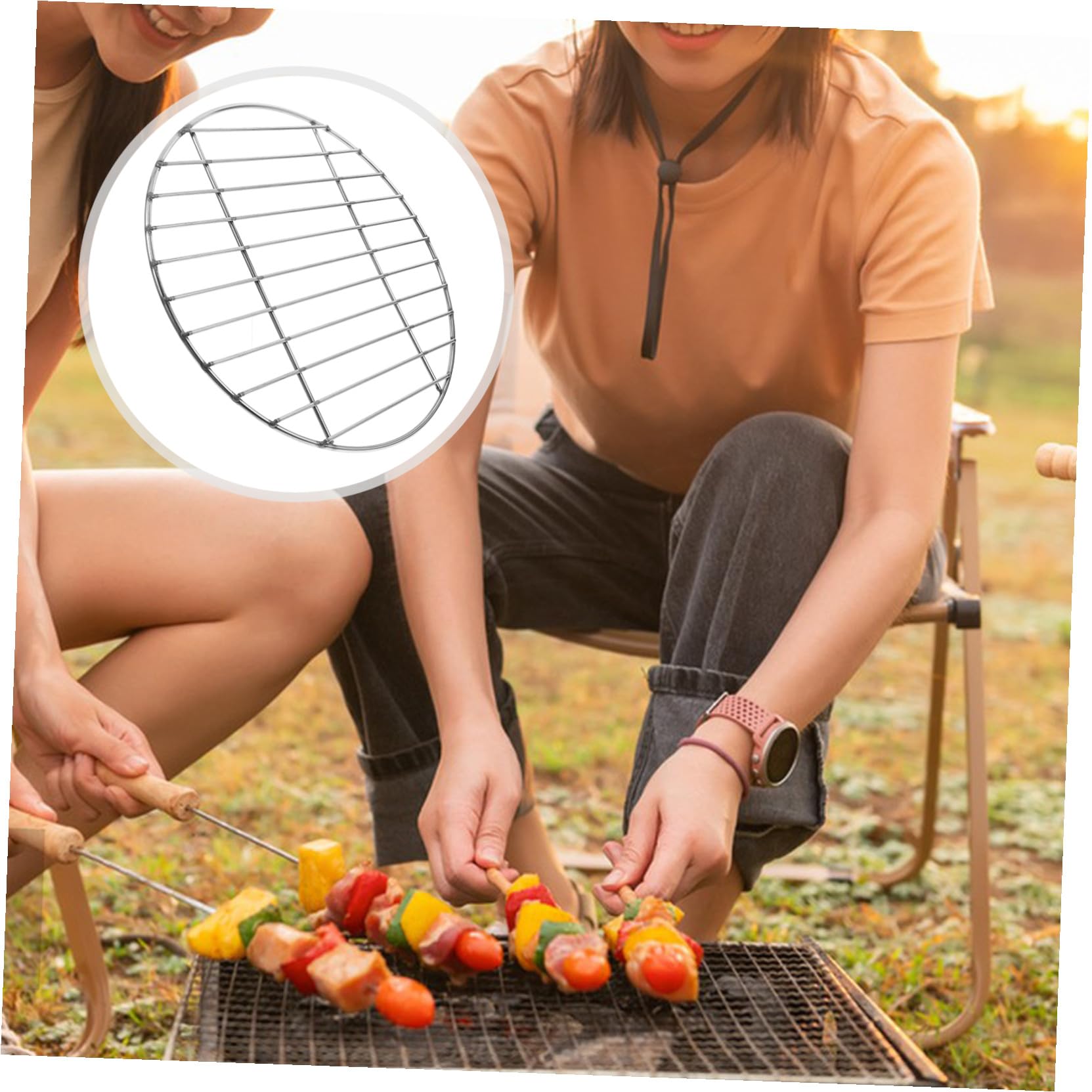 Griglia per barbecue in acciaio inox, rete metallica rotonda riutilizzabile per barbecue all'aperto, perfetta per cucinare anche carne, verdure, pesce e salsicce, strumento da campeggio multifunzione