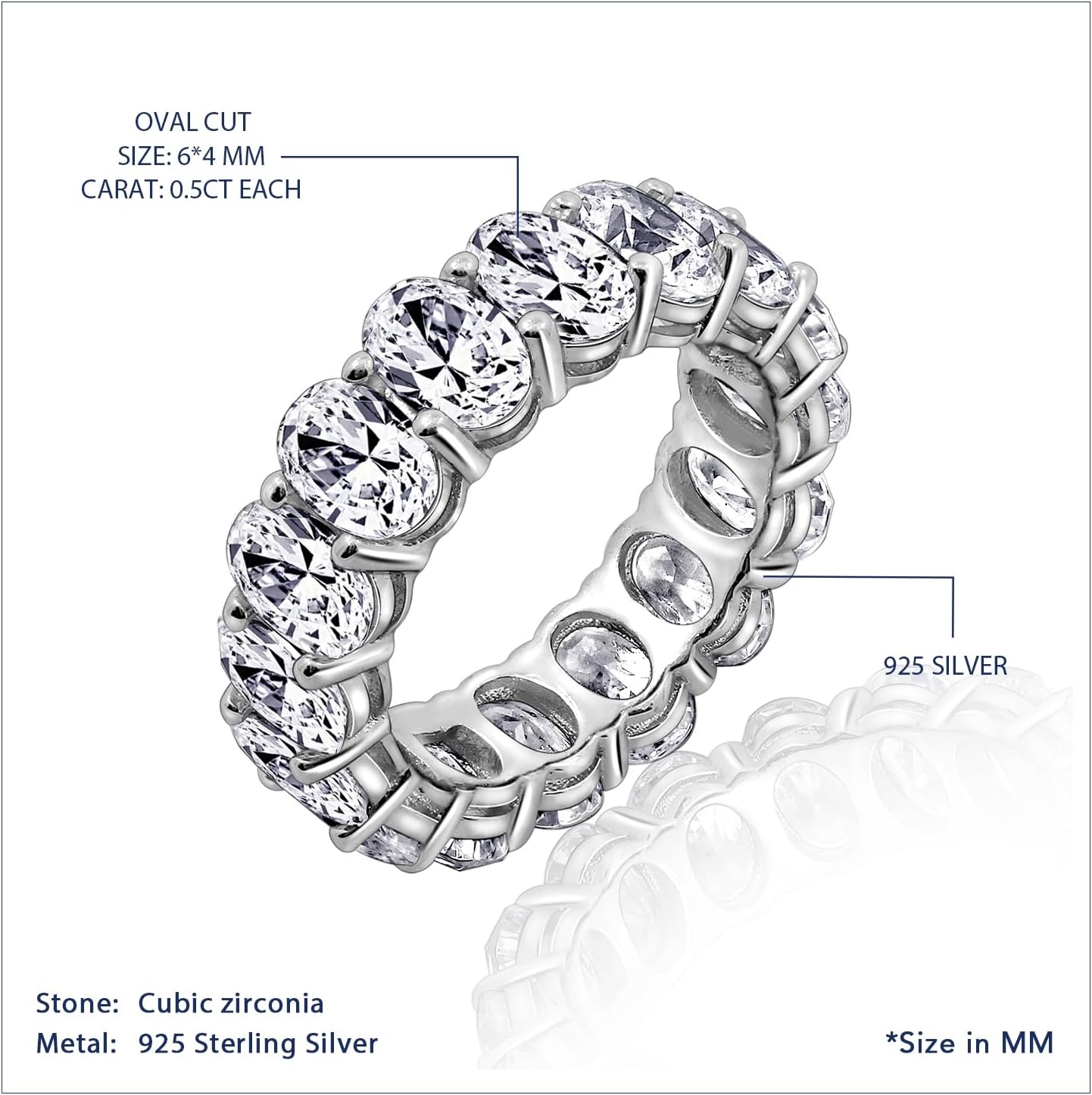 Marilyn Monroe Oval Cut Eternity Ring | Solid 925 Sterling Silver Infinity Band for Women | 7.50 Carats 100 Facet Oval Cut Cubic Zirconia CZ Simulated Diamond Engagement Ring - Image 6