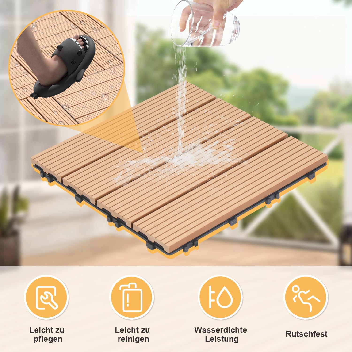 Płytki tarasowe WPC 30 x 30 cm, w kolorze tekowym, 55 sztuk (5 m²) z systemem zatrzaskowym, nadają się do wody, płytki o wyglądzie drewna, na balkon i taras, łatwe do ułożenia (WPC, płytki na