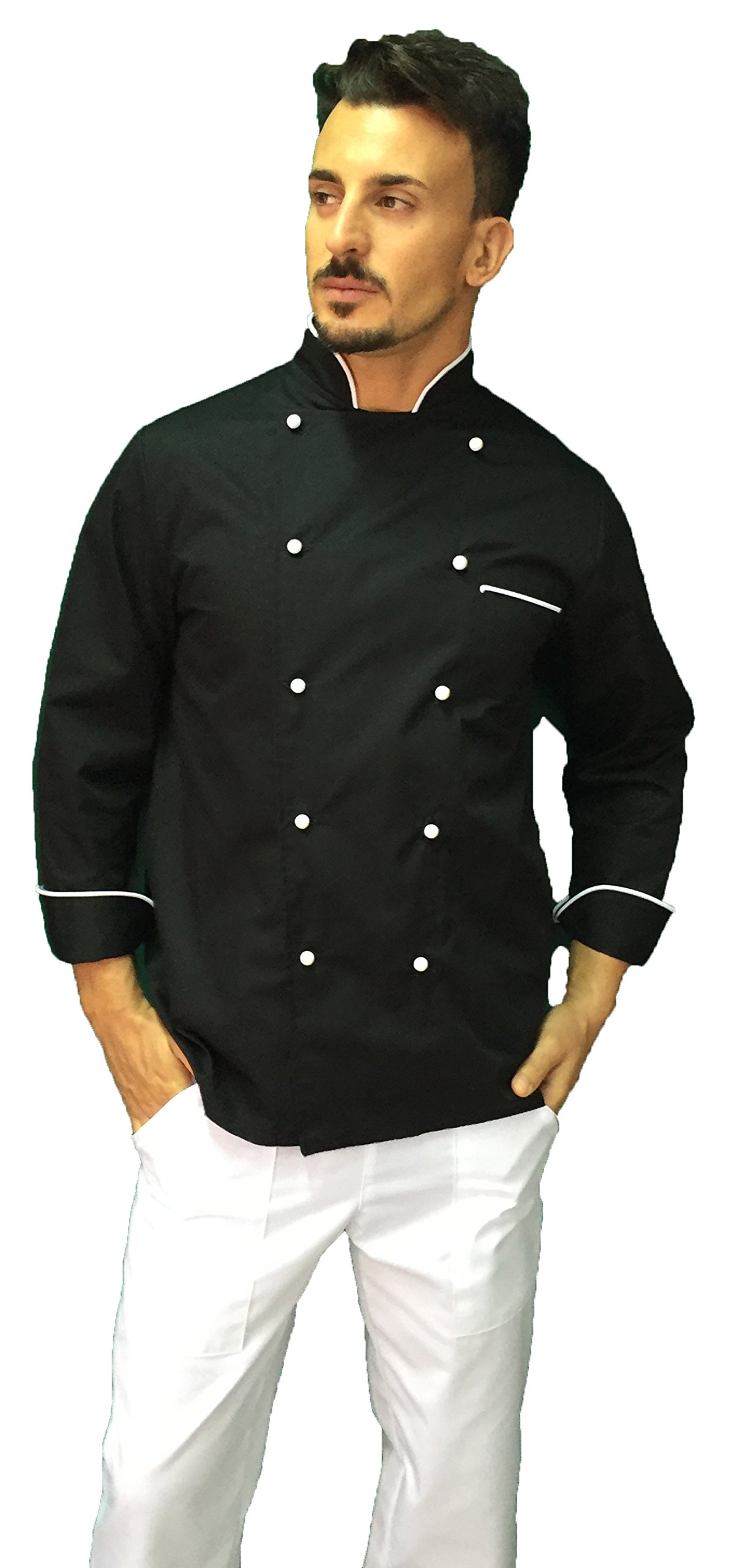 Ricamo Gratuito - Completo Cuoco Uomo - Nero/Bianco - Divisa Chef - Giacca, Pantaloni e Grembiule - 100% Cotone - Uniforme per Cucina e Ristorante