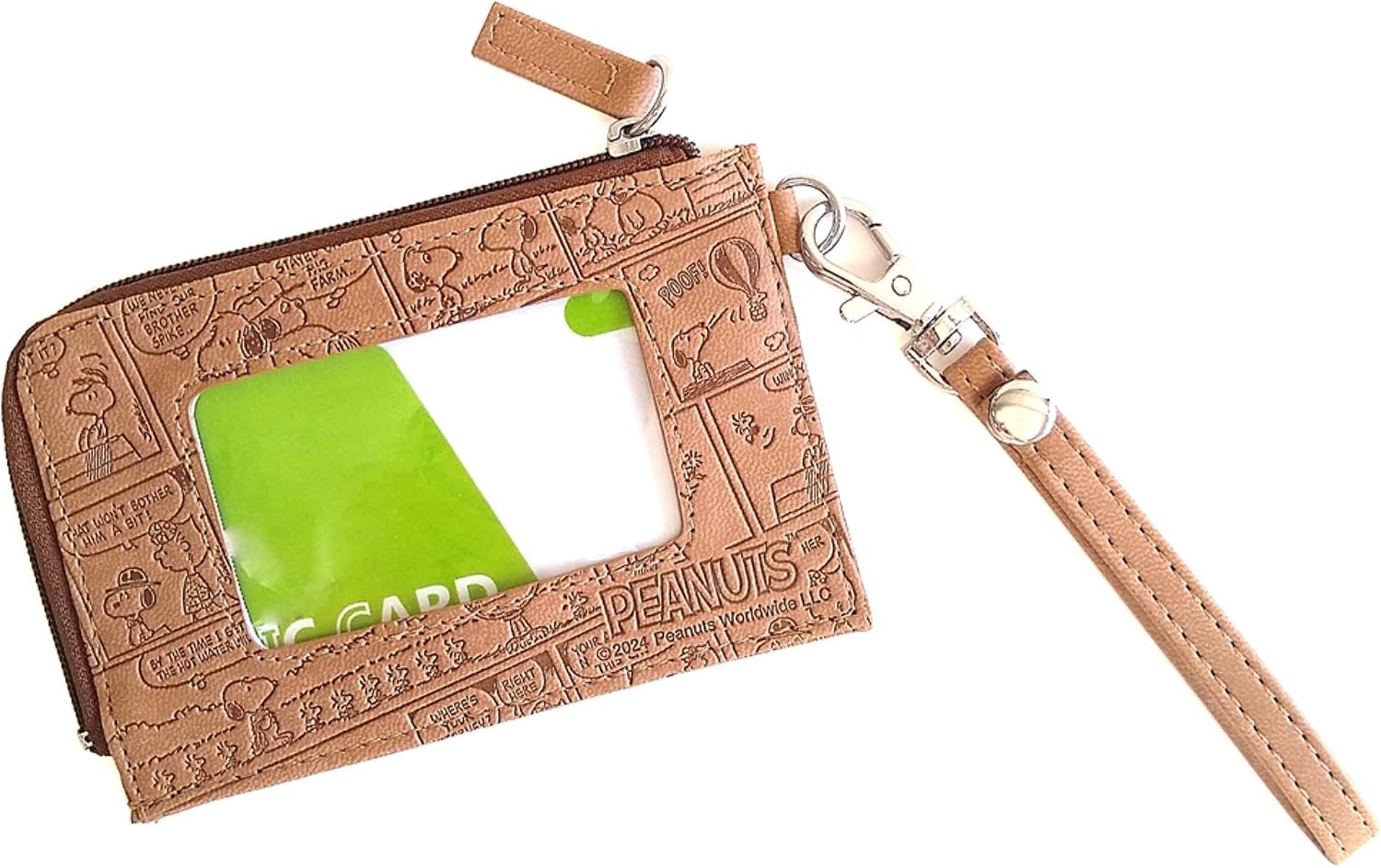 Snoopy Pass Case, Card Case, Key Case, Keyring, Stylish, Faux Leather, Cute, Embossed Design, All-Comic, Brown, Zip Case