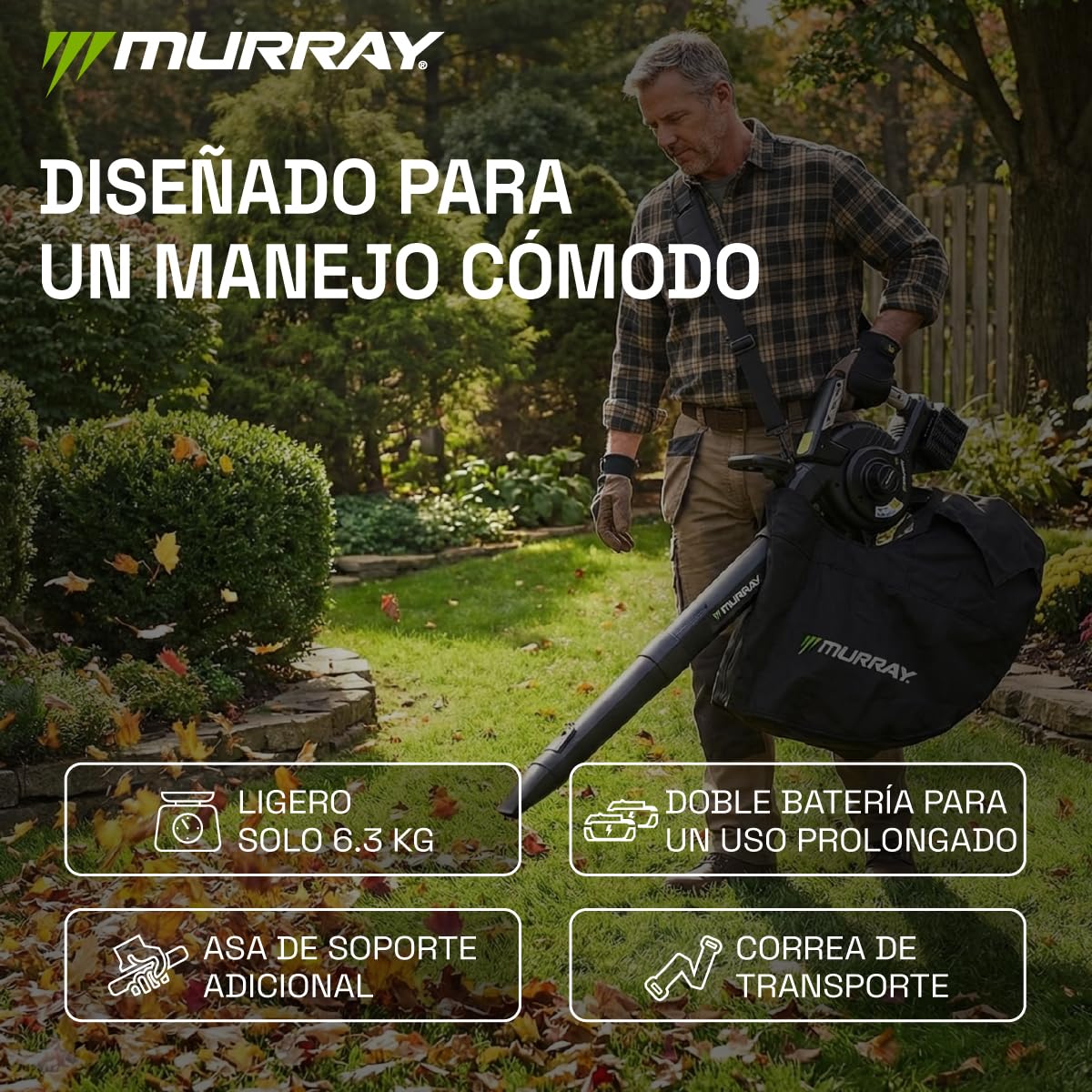 Murray Soplador y Aspirador de Hojas a Batería 20V 3 en 1 MU-BAT-VB270-KIT – Motor sin Escobillas, Control Inteligente, 4 Velocidades + Turbo, Bolsa de Polvo de 45L, Diseño de Montaje Rápido