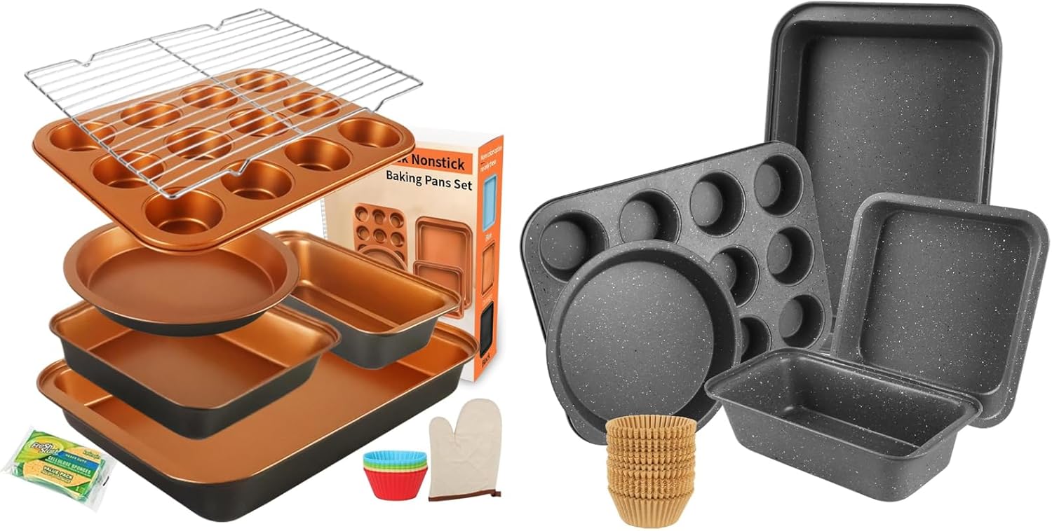 Baking Pans Set, 10-Piece Non-Stick Bakeware Set with Cooling Rack, Muffin, Loaf, Pie, Brownie, Cupcake Liners & Oven Mitt – Stackable, Oven Safe, Ideal for Holiday Baking & Gift Giving