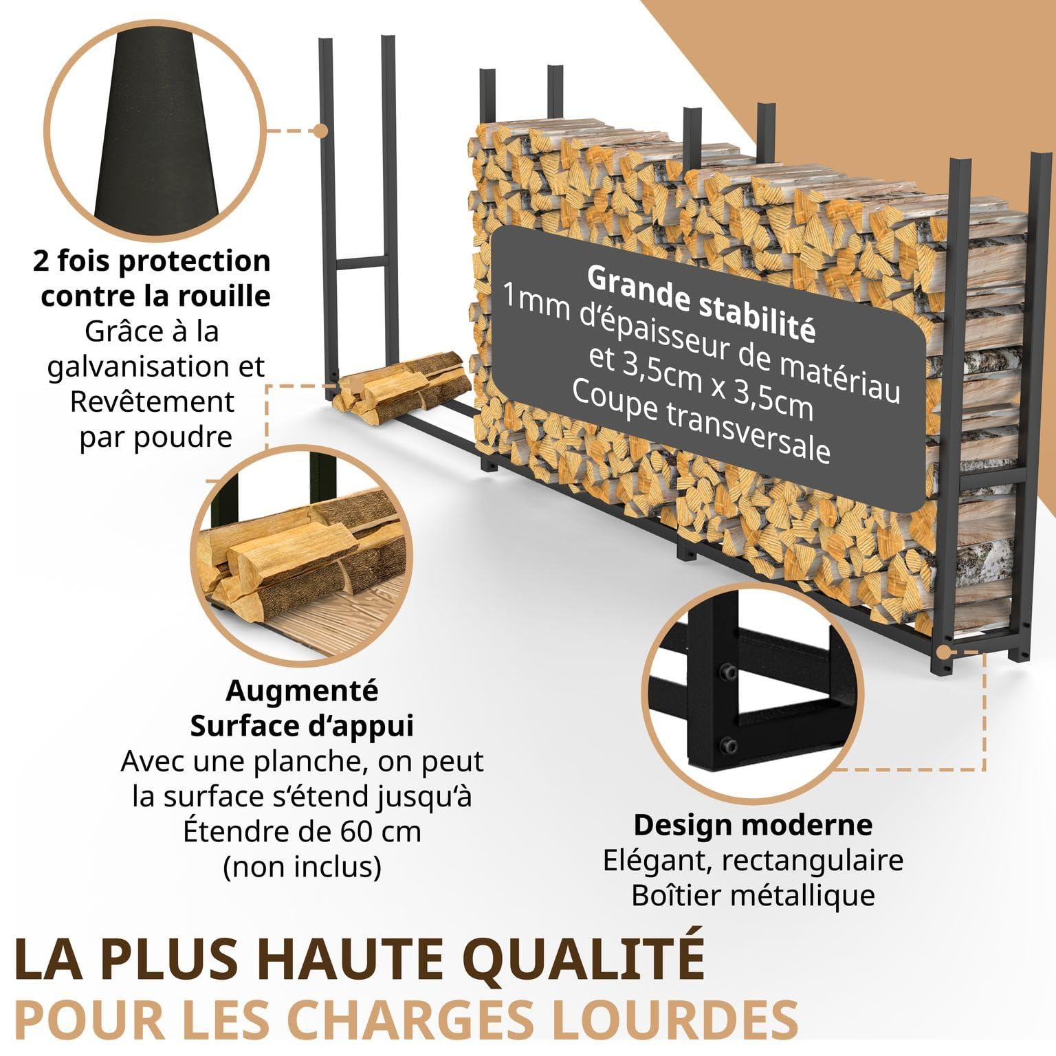 LAWA Range-bûches extérieur métal galvanisé 335 x 25 x 115 cm