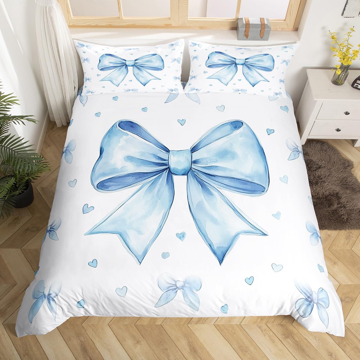 Homewish Cute Blue Bowknot Cot Duvet Cover Set for Kids Girls Teen - Kawaii Dreamy Bow Bedding Princess Style Bedroom Decor - Blue White Heart Decor Bed Set Soft Breathable Quilt Cover 2 Pcs — image 1