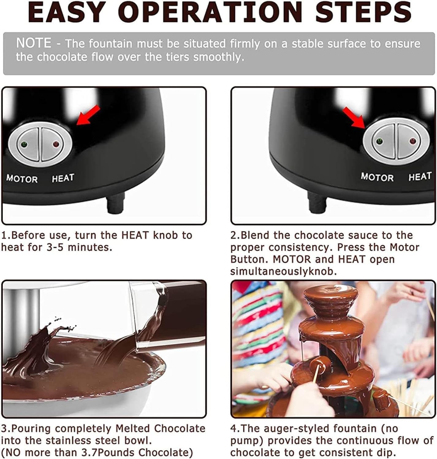 Chocolate Fountain, Chocolate Fondue Fountain, 3-Tier Electric Chocolate Melting Machine, Stainless Steel Party Chocolate Fountain for Cheese/BBQ Sauce/Ranch/Liqueurs