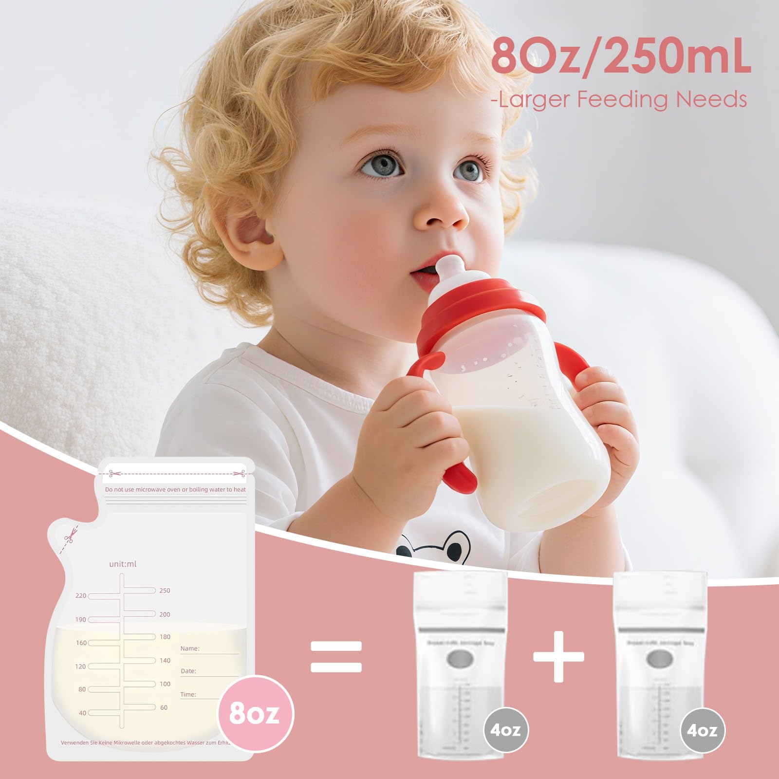 Sacchetti Latte Materno 30 Pezzi, 250 ml Buste per Congelare Latte Materno, Sacchetti Sterili con Doppia Chiusura Antiperdite, Graduati, Senza BPA – Perfetti per Tiralatte e Conservazione Portatile
