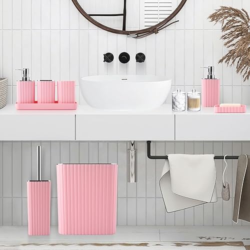 Miniatura 7 de Juego de baño de 28 piezas - Precioso juego de baño rosa, juego de accesorios de baño, juego de cortina de ducha rosa con 5 organizadores de ducha