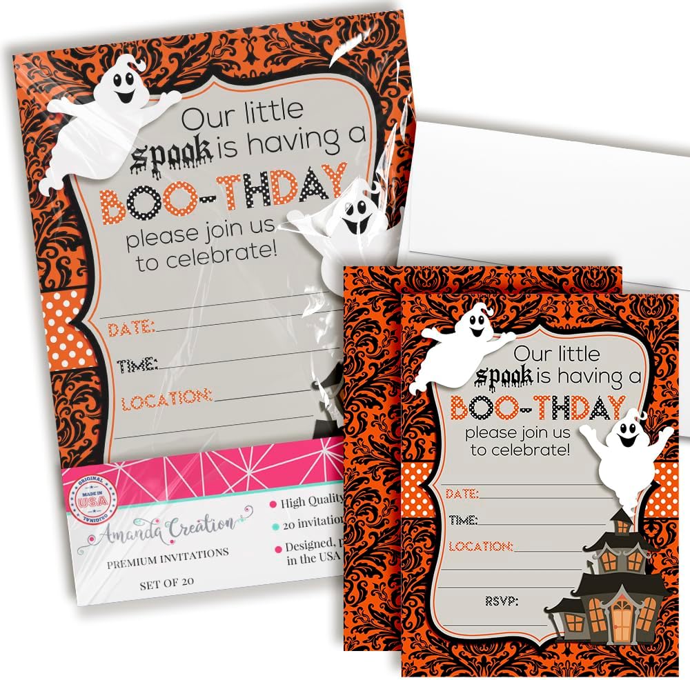 Halloween Ghost Boo-thday Party Invitations, 20 5x7 Fill In Cards with Twenty White Envelopes by AmandaCreation™
