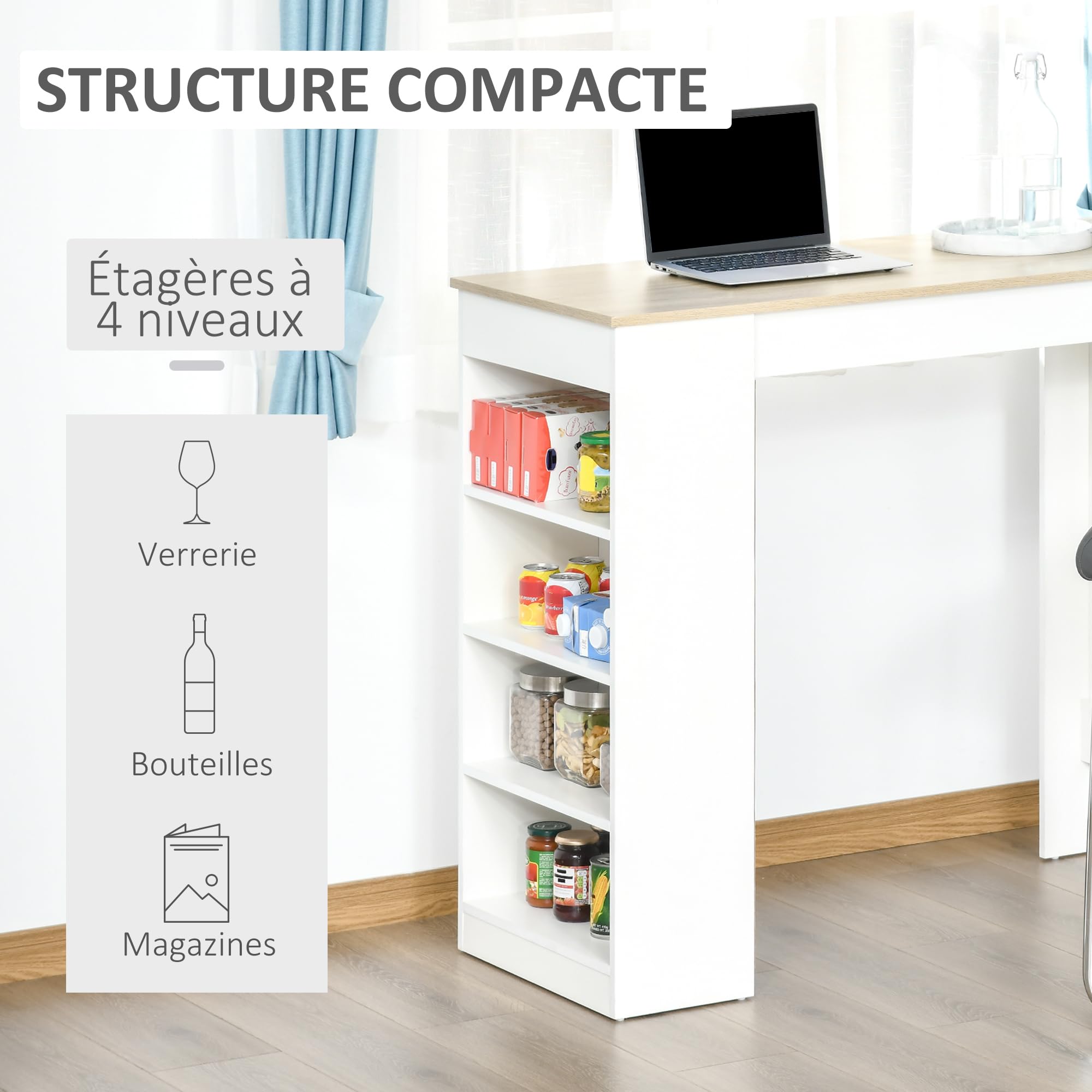 HOMCOM Mesa de bar pour 2 personas, mesa de alta costura debout avec 4 étagères ouvertes, pour petits espaces, cocina, sala de estar, 115 x 50 x 102,7 cm, estilo moderno, blanc et bois naturel