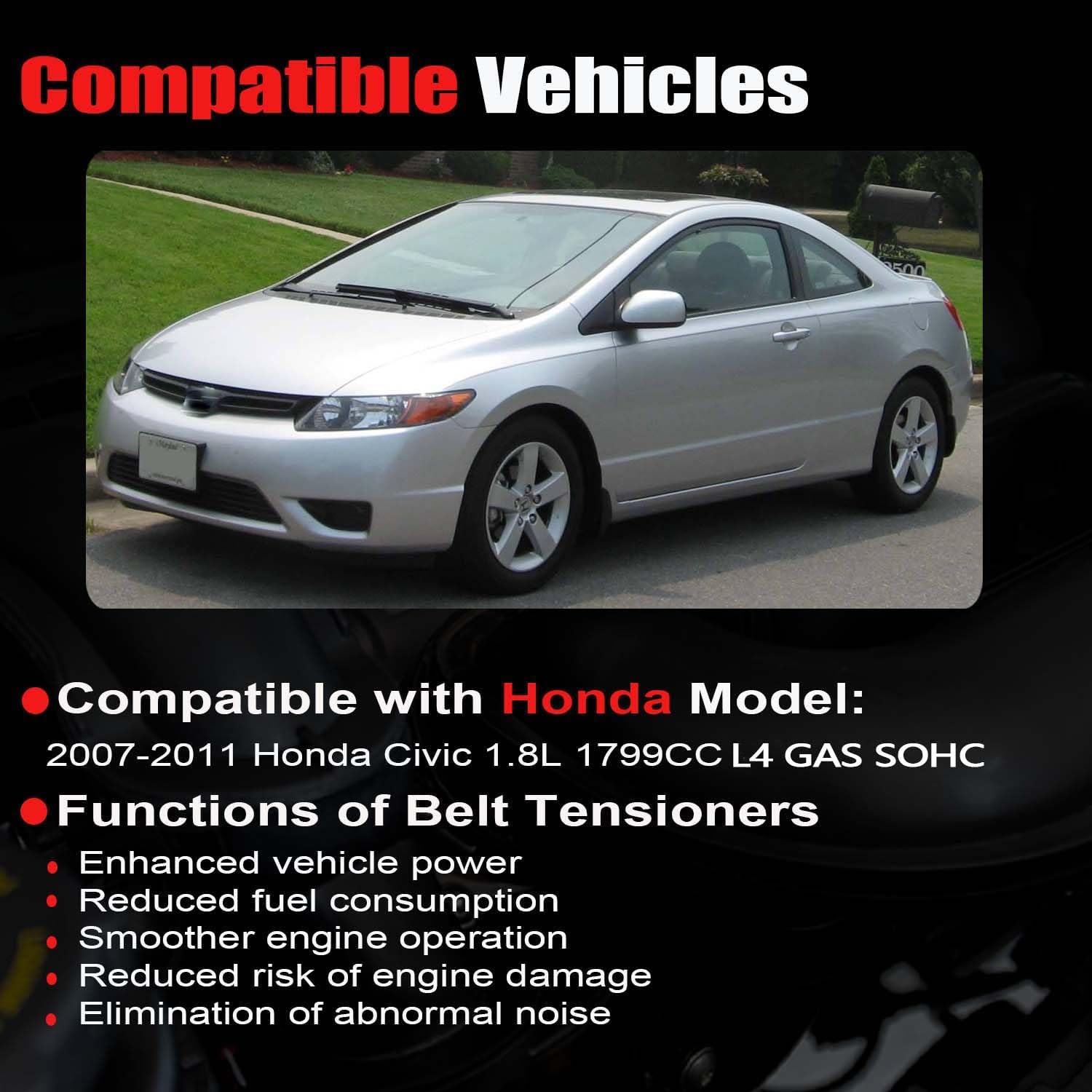 AUCERAMIC Serpentine Drive Belt Tensioner Assembly with Pulley Compatible with 2007-2011 Honda Civic 1.8L Replaces 31170-RWK-005 31170RWK025 K070852