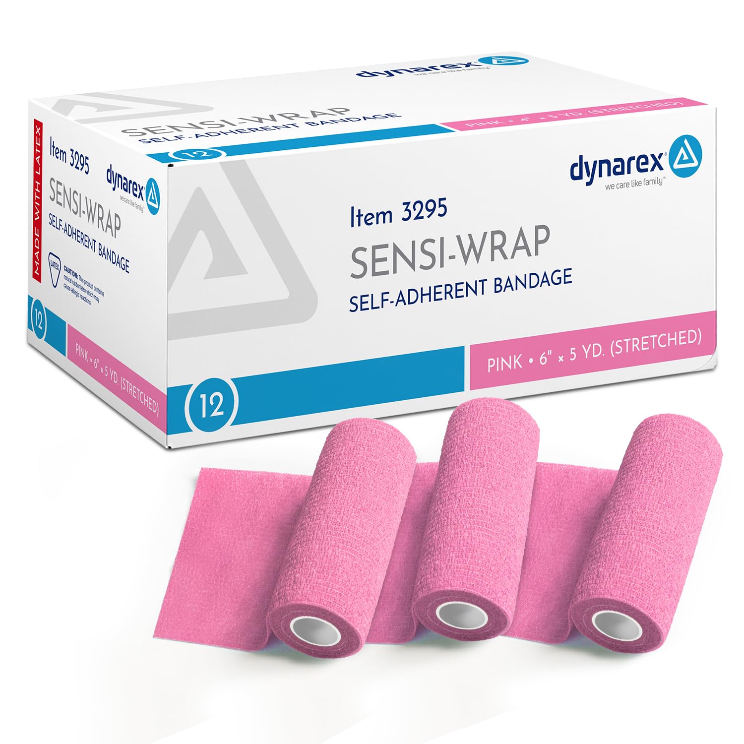 Dynarex Sensi-Wrap Self-Adhesive Bandages, 12-Pack, 6" x 5 Yards, Pink, Latex, Colored Elastic Cohesive Athletic Tape, Tattoo Grip & Vet Wrap