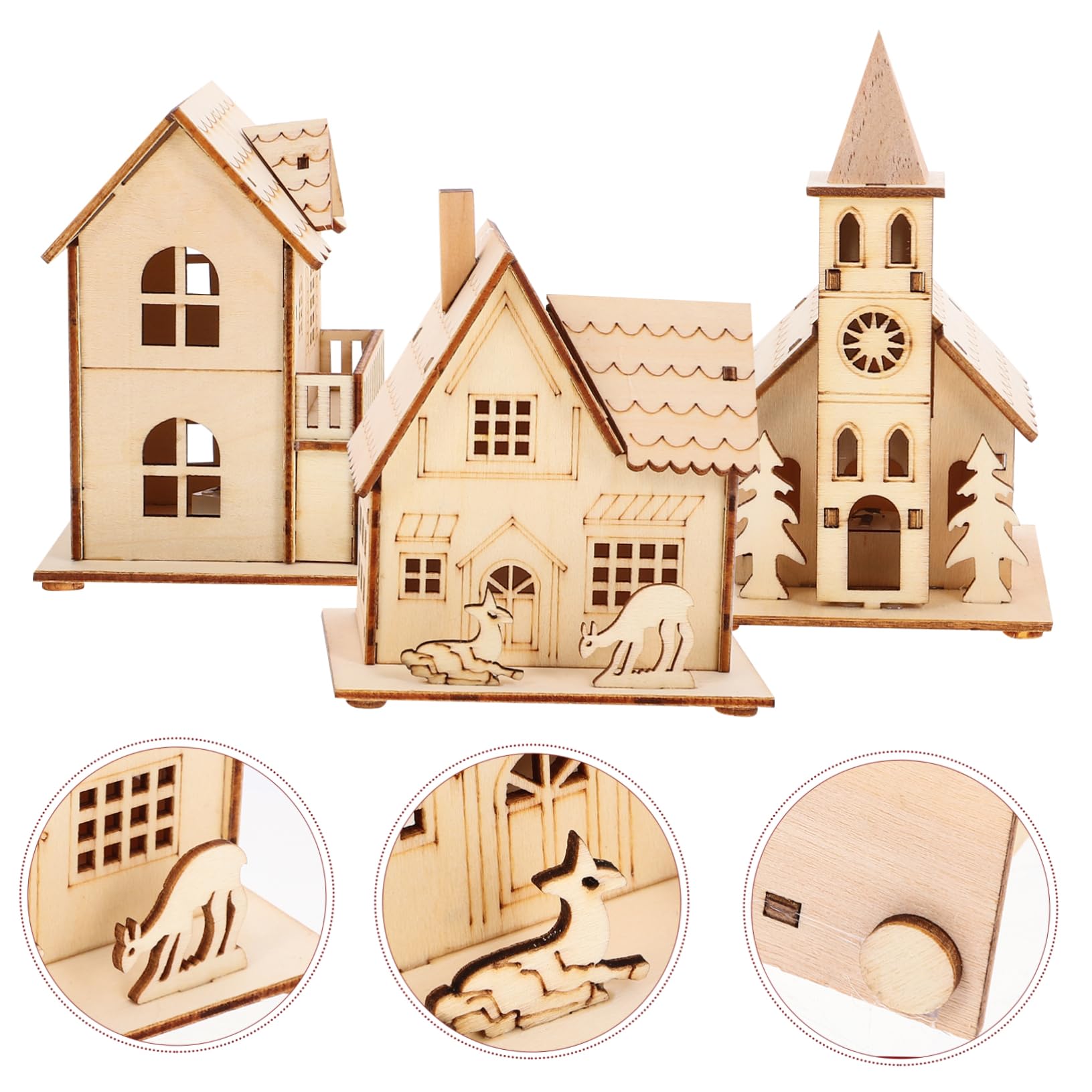 COLLBATH Decorazioni Natalizie Luminose in Legno Resistenti Per Ambienti Interni, Set 3 Pezzi Di Casette Luminose Design Festivo, Per Soggiorno, Negozi e Feste Di Natale