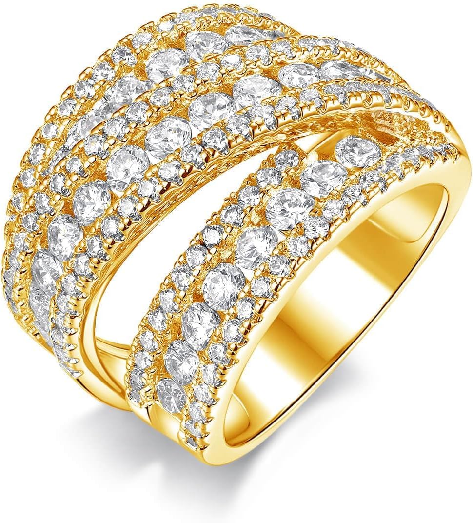 MDFUN Halo Eternity Rings Wedding Bands, 3 Rows Round Cut Cubic Zirconia Statement Rings, 18K White Gold/Yellow Gold Plated Wedding Band for Women Size 5-10