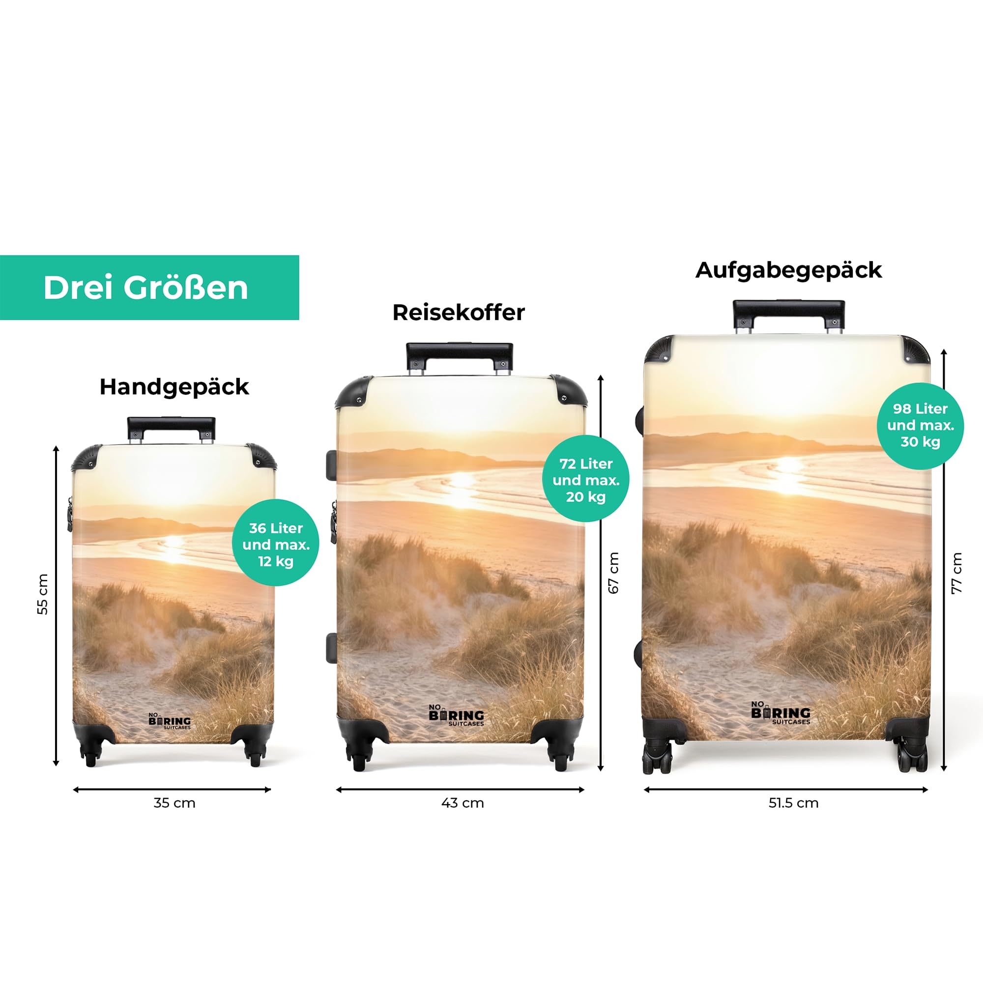 NoBoringSuitcases.com® Koffer Mittelgroß 67x43x25 cm Hartschalenkoffer L Trolley Rollkoffer mit 4 Rollen Leicht Schalenkoffer Mittel Dünen - Strand - Meer