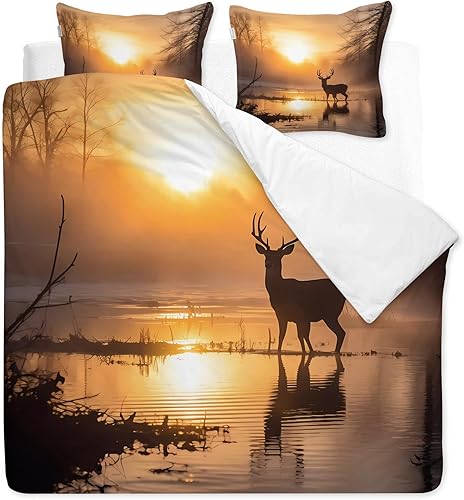 Miniatura 2 de Juego de funda de edredón de microfibra suave con diseño de ciervo, tamaño matrimonial, 3 piezas con cremallera, 2 fundas de almohada, funda de