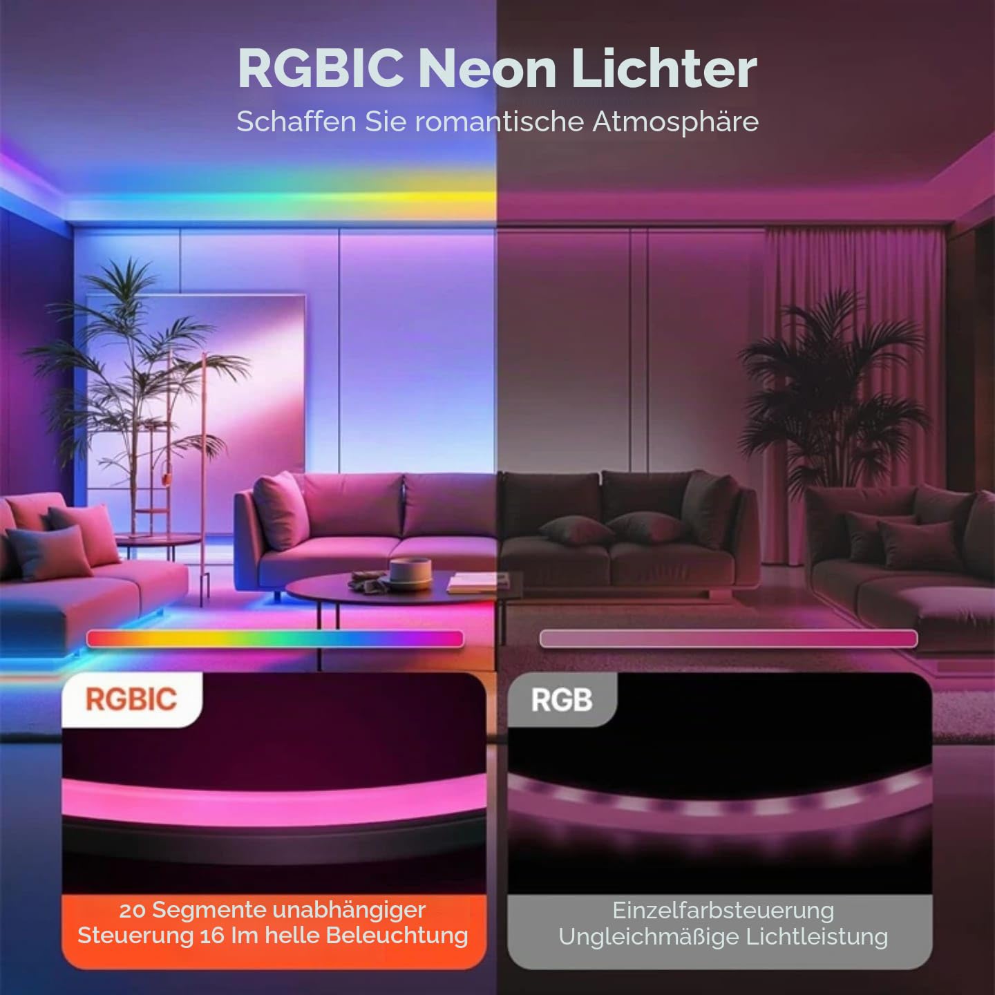 LED Neon RGB Lichtstreifen 5 m, App-Steuerung & Fernbedienung, Musikmodus, RGB-IC, IP65, flexibler mehrfarbiger LED Strip für Schlafzimmer, TV-Wand und Gaming Zimmer